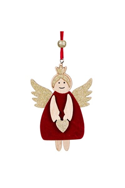 SHOPIENS Ornament de Crăciun Înger, Lemn, Catifea Roșie cu Sclipici Bej, 11 cm