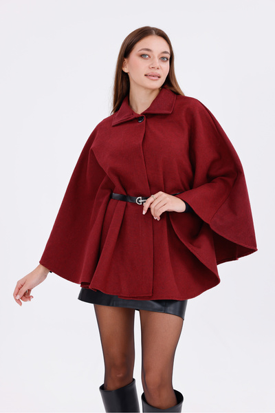 freemen Women's Burgundy Tok Duruşlu Plush Poncho – Warm Winter Outerwear with Buckle Waist Detail