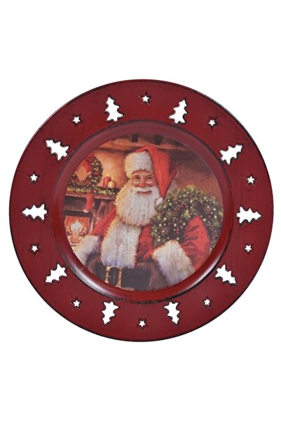 SHOPIENS Tavă decorativă de Crăciun, Moș Crăciun și brazi, plastic, roșu, diametru 33 cm