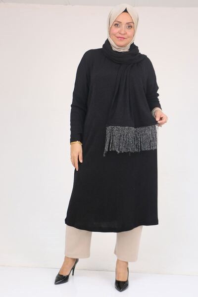 Eslina 58158-1 Plus Size Scarf Tassel Mir Tunic - Black