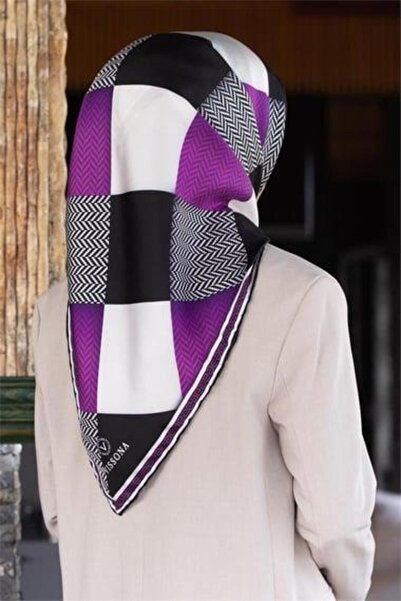 Vissona Μεταξωτό κασκόλ Tivil 50373 - 3 - 0001 - 0023 Μωβ Μαύρο Μοτίβο Πόδια Χήνας