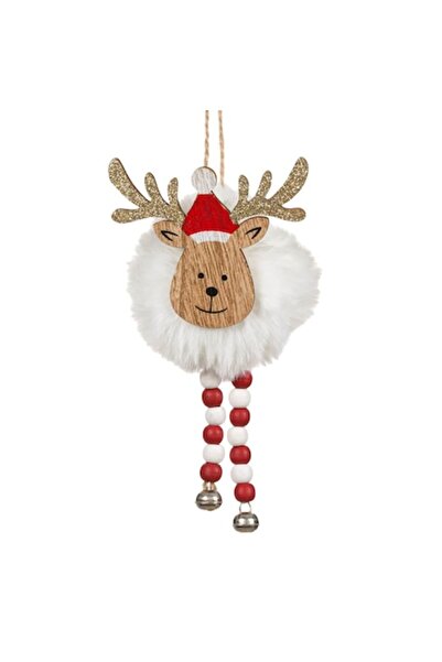 SHOPIENS Ornament de Crăciun - Cerb din lemn cu sclipici auriu, pompon alb, m...