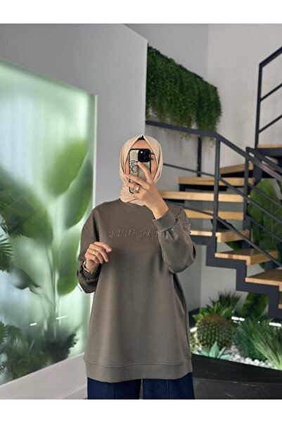 İkoll Γυναικείο φούτερ με στάμπα και πέτρα σε χακί χρώμα