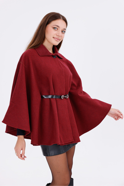 freemen Women's Burgundy Tok Duruşlu Plush Poncho – Warm Winter Outerwear with Buckle Waist Detail