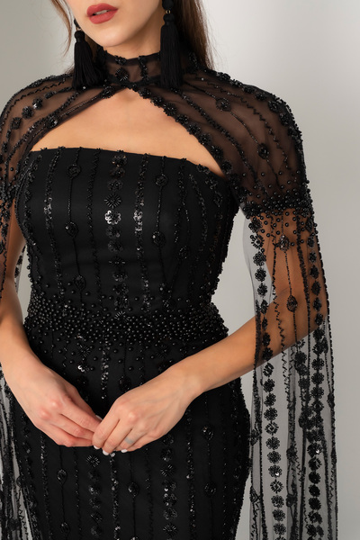 Lafaba Women's Black Shawl Long Sleeve High Neck Beaded Long Evening Dress