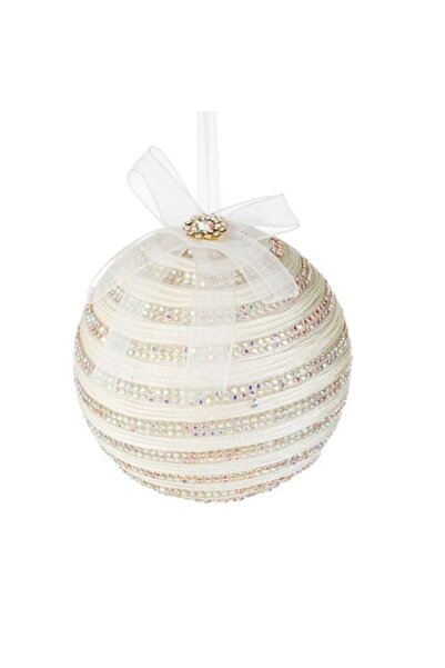 ANTBRO Ornament de Crăciun - glob ecru cu dungi, pietre holografice și floare...