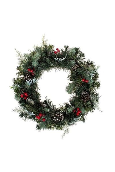 ANTBRO ® Coroană decorativă de Crăciun cu fructe de pădure, conuri și becuri LED, Ø50cm