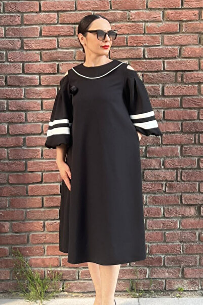 İthal Büyük Beden Bebe Yaka Çizgili Kol Abiye Elbise