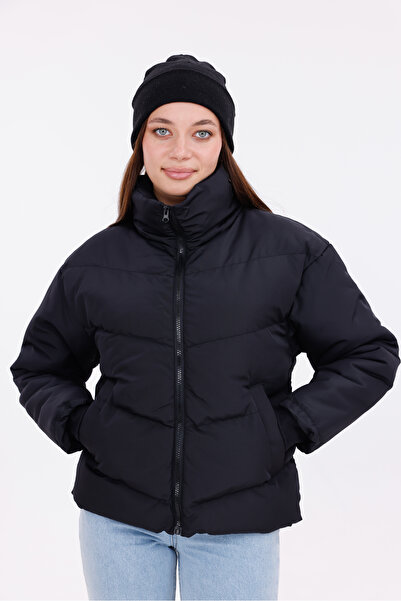 Royalside Дамско черно пухено яке – удобно, с цип, топло зимно връхно облекло