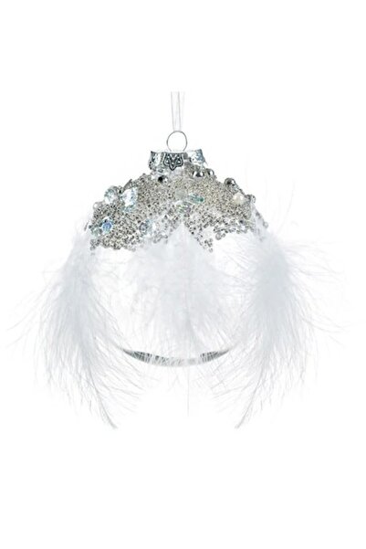 ANTBRO Glob transparent cu pietre argintii, mărgele, perle și pene albe, 10 cm