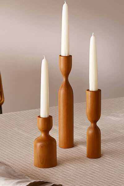 SKYWOOD Rustik 3'lü Ahşap Mumluk Seti – Doğal Şıklık