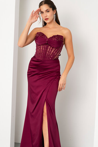 Lafaba Γυναικείο βραδινό φόρεμα από σατέν με στράπλες με χάντρες