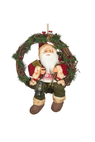ANTBRO Coroană decorativă de Crăciun - Moș Crăciun în costum roșu/maro cu felinar, 40 cm