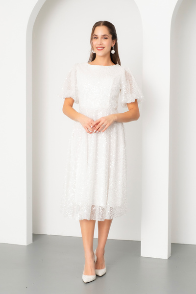 OFZE Kadın Beyaz Balon Kol Pul Payet Midi Abiye Elbise