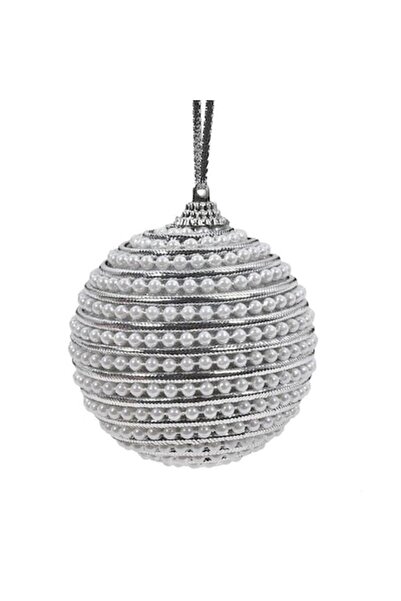 ANTBRO Glob de Crăciun din spumă cu șnur argintiu răsucit și perle albe, 8 cm