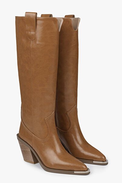 Shoeberry Γυναικείες μπότες καουμπόη από δέρμα Axor Karamel