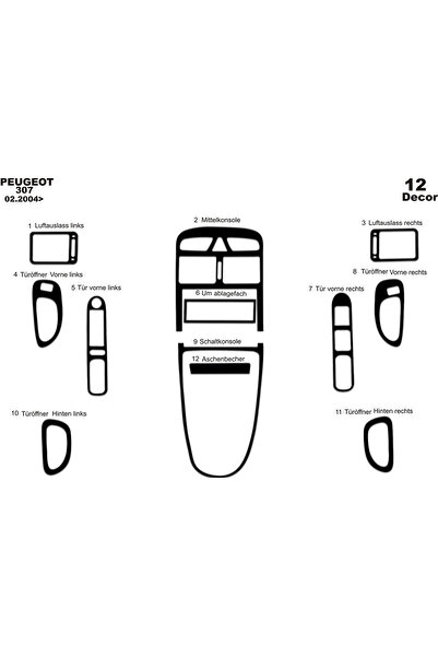 Marscockpitdesign غطاء كونسول وصندوق السيارة لبيجو 307 موديل 2004-2008، 12 قطعة