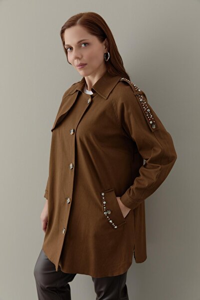 FATMA DANIŞMAN Kanvas Kumaş Taş İşleme Detaylı Rüzgarlık Kombinli Ceket -Taba