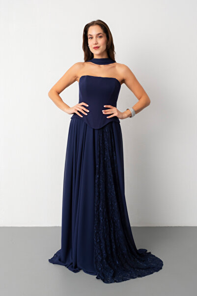 Lafaba Women's Navy Blue Strapless Neckline Pleated Lace Detail Long Evening Dress