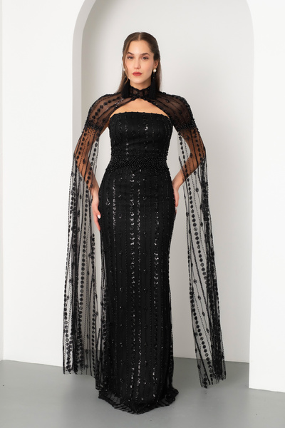 Lafaba Women's Black Shawl Long Sleeve High Neck Beaded Long Evening Dress