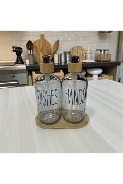 ALLEGRI Δοχείο υγρού σαπουνιού 2 τεμαχίων από πολύχρωμο γυαλί (κεχριμπαρένιο-ροζ-ασημί-σομόν) με βάση από μπαμπού και καπάκι από μπαμπού (2 × 500 ml)