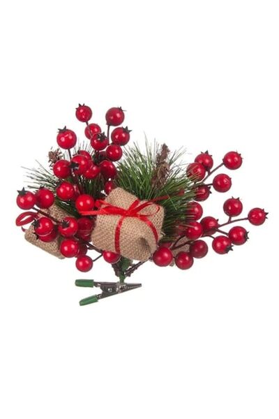 ANTBRO Ornament de Crăciun cu clemă - crenguță de brad cu fructe de pădure roșii și material textil de in, cadou, 23 cm