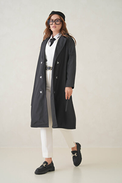 D1fference Noir Kruvaze Kemerli Trençkot – Sık Dokuma ve Rahat Kumaş Kadın Trençkot