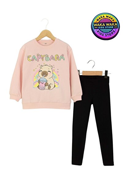 ww waka waka kids store Girl's Capybara Patterned Pink Sweatshirt and Black Leggings Two-Piece Set