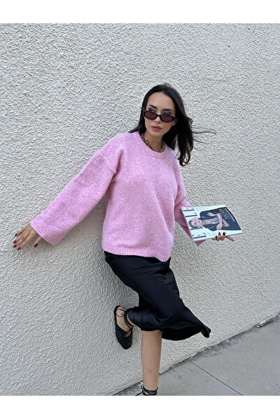 minaaise Γυναικείο πουλόβερ ροζ oversized με απαλή υφή 7014