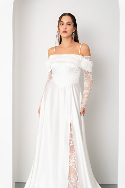 Lafaba Kadın Beyaz Dantel Detaylı Uzun Saten Abiye Elbise