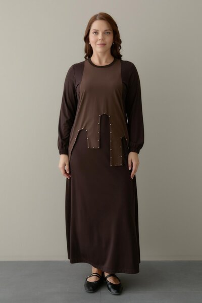 FATMA DANIŞMAN Bambu Kumaş Ön Turkuaz Kumaş Kombinli Taş Çakmalı Elbise -Kahve