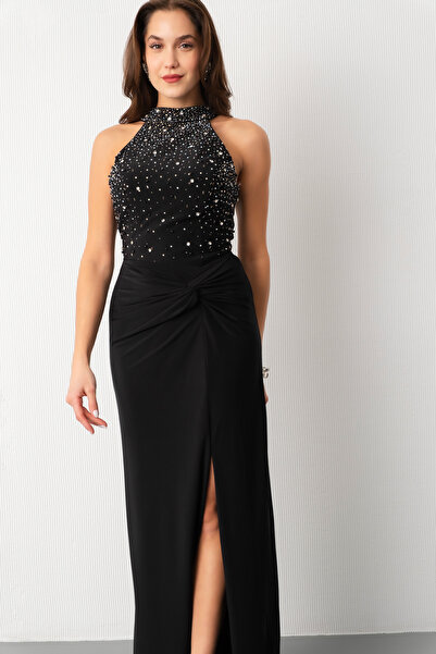 Lafaba Women's Black Halter Neck Stone Long Evening Dress