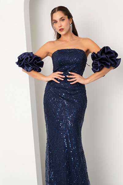 Lafaba Women's Navy Blue Sleeve Detail Beaded Long Evening Dress