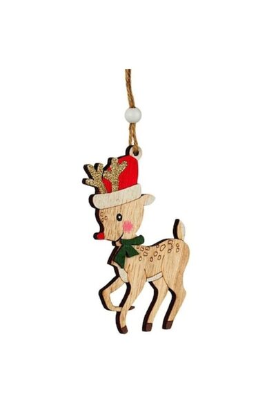 ANTBRO Ornament de Crăciun pentru brad - ren din lemn cu pălărie roșie, 10 cm