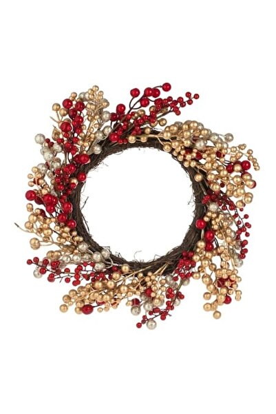 ANTBRO Coroană decorativă de Crăciun cu fructe de pădure roșii și aurii și sclipici auriu, 50 cm