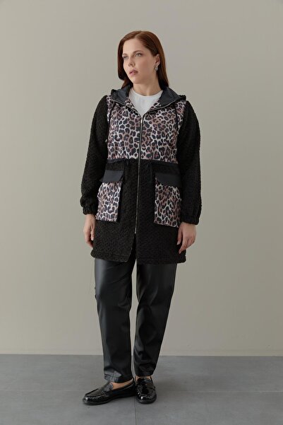 FATMA DANIŞMAN Kürk Kumaş Leopar Kumaş Kombinli Mont -Siyah