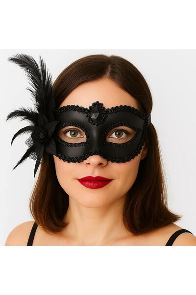 Mustran قناع فينيسيا للحفلات الراقصة باللون الأسود غير اللامع مع ريش على الجا...