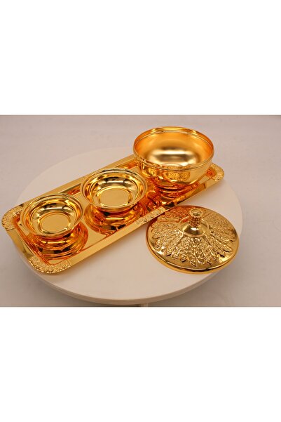 ALSAIF KITCHEN Luxury 4-Piece Gilded Royal Ornate Serving Set - Serving Tray with Lid and 2 Nut/Sweet Bowls