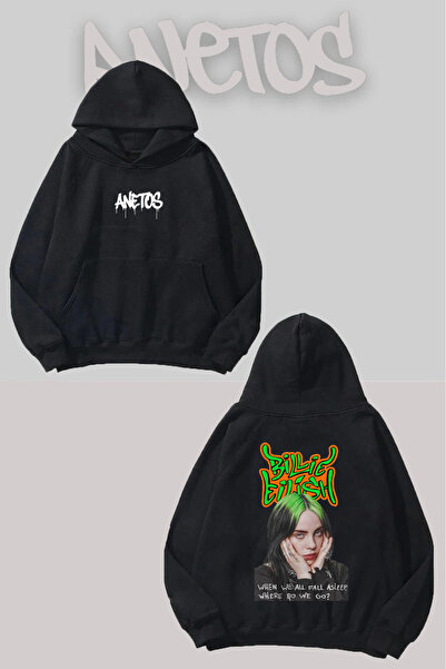 Anetos Billie Eilish Spate cu imprimeu Negru cu glugă Swea tricou