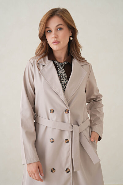 D1fference Noir Kruvaze Kemerli Trençkot – Sık Dokuma ve Rahat Kumaş Kadın Trençkot