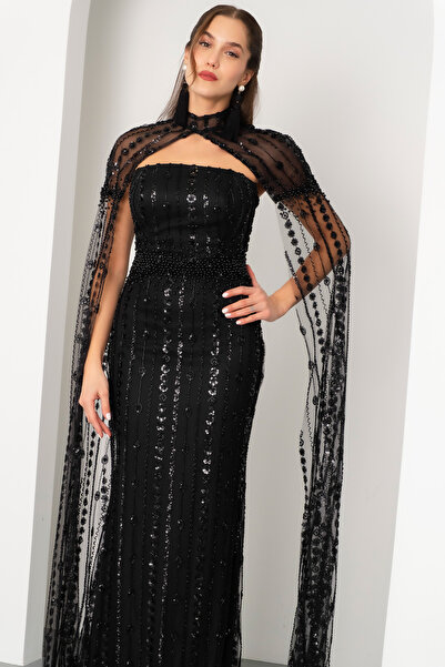 Lafaba Women's Black Shawl Long Sleeve High Neck Beaded Long Evening Dress