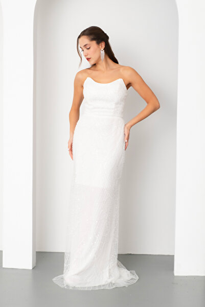 Lafaba Kadın Beyaz Straplez Boncuklu Uzun Balık Abiye Elbise