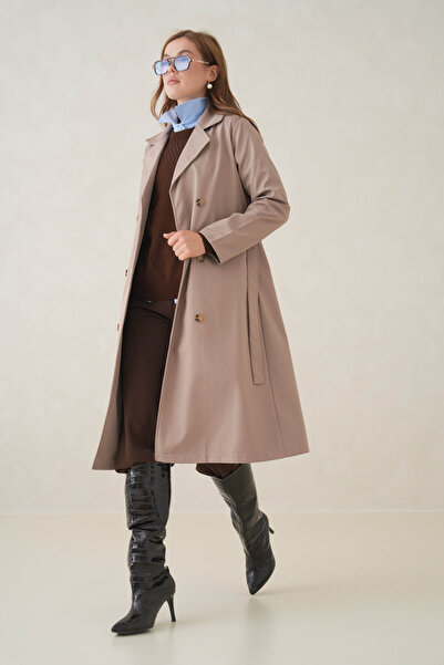 D1fference Noir Kruvaze Kemerli Trençkot – Sık Dokuma ve Rahat Kumaş Kadın Trençkot