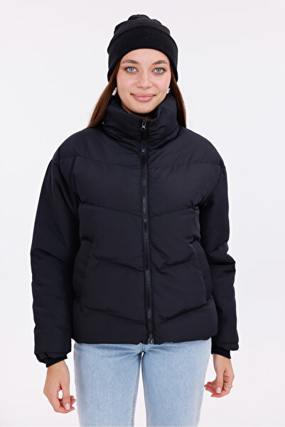 Royalside Дамско черно пухено яке – удобно, с цип, топло зимно връхно облекло