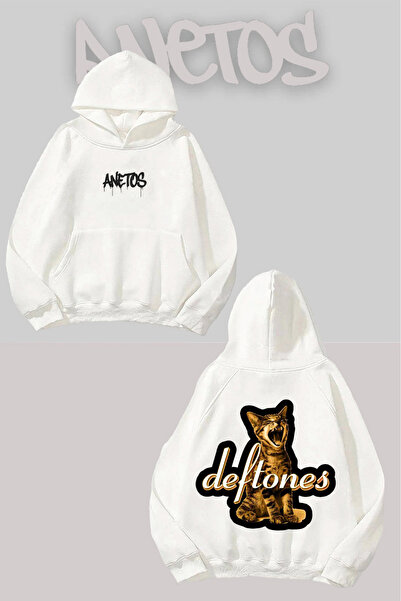 Anetos Deftones pisică Sırt cu imprimeu Alb cu glugă Swea tricou