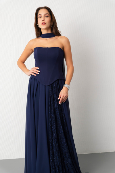 Lafaba Women's Navy Blue Strapless Neckline Pleated Lace Detail Long Evening Dress