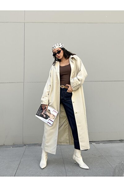 minaaise Kadın Taş Astarlı Uzun Trençkot 30030