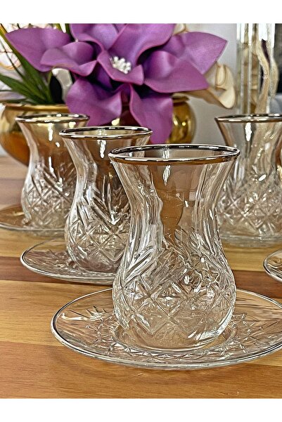 P&ORA PREMIUM KITCHEN PRODUCTS KRİSTAL TİMELESS GÜMÜŞ YALDIZLI (GERÇEK) 12 PARÇA 6 KİŞİLİK ÇAY SETİ ÇAY TAKIMI HEDİYELİK CAM