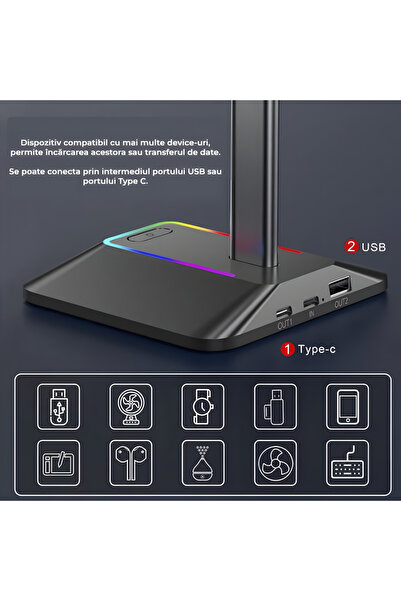 AB Luxury Concept Gaming headset stand, RGB ambient lighting, data transfer and charging function, with 2xUSB