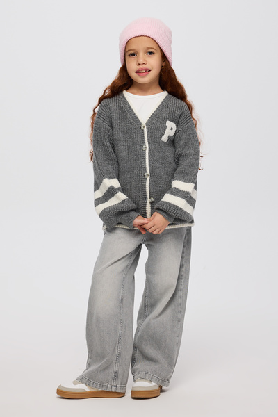 Panço Kız Çocuk Aplike Detaylı Antrasit Triko Hırka